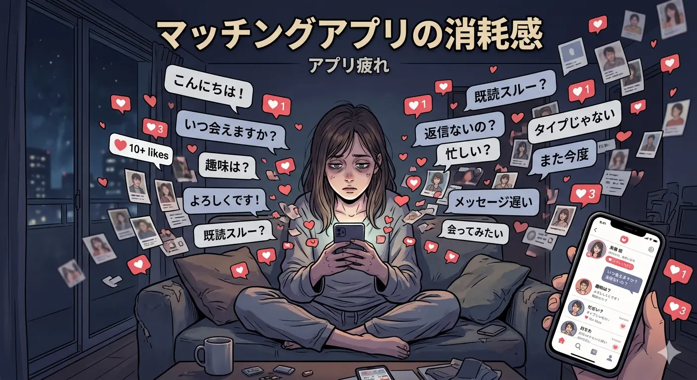 マッチングアプリの消耗感を表すイラスト